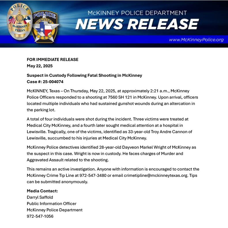 McKinney Police (@mckinneypolice) on Twitter photo ๐จ HOMICIDE UPDATE:
Early this morning, 4 people were shot off SH 121 in McKinney. Sadly, one victim died.
The suspect is in custody.
Info? Call 972-547-3480 or email crimetipline@mckinneytexas.org. Tips can remain anonymous.
#McKinneyPD #CrimeUpdate ๐จ HOMICIDE UPDATE:
Early this morning, 4 people were shot off SH 121 in McKinney. Sadly, one victim died.
The suspect is in custody.
Info? Call 972-547-3480 or email crimetipline@mckinneytexas.org. Tips can remain anonymous.
#McKinneyPD #CrimeUpdate