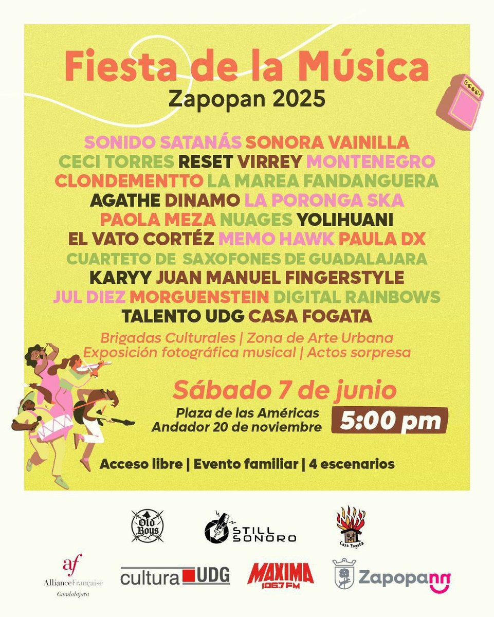 Zapopan está listo para recibir a miles de personas en “La Fiesta De La Música” 
Nos vemos en La Plaza de las Americas, andador 20 de Noviembre, el 7 de Junio!! 
A partir de las 5 PM 🤟🏼🔥🥵
<a href="/CulturaZapopan/">Cultura Zapopan</a> y <a href="/MAXIMA1067FM/">MÁXIMA 106.7 FM</a> invitan!!
