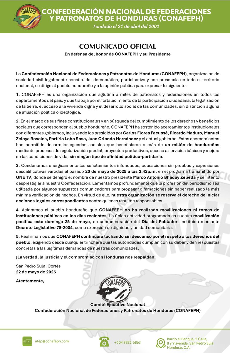 🔴 COMUNICADO OFICIAL | CONAFEPH responde ante acusaciones infundadas emitidas en medios de comunicación.

Invitamos al pueblo hondureño a leer el comunicado completo y no dejarse confundir por la desinformación.

📝 Ver comunicado aquí 👇

#CONAFEPH #VerdadConDignidad #Honduras