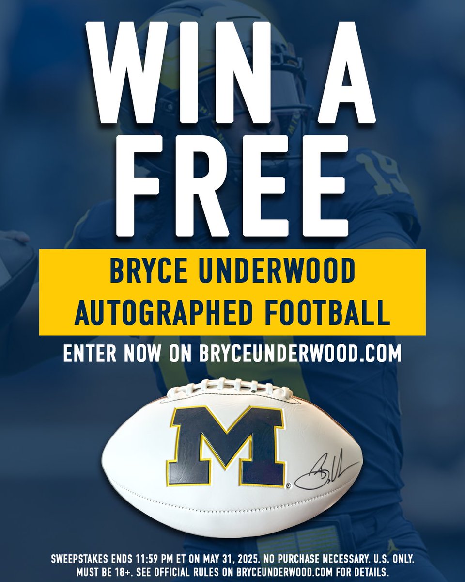 Valiant Management Group (@valiantuofm) on Twitter photo 🔥 GIVEAWAY🔥
We're giving away a signed football from <a href="/BryceUnderwoo16/">Bryce Jay Underwood</a> 🏈
Here’s how to enter:
🔗 Go to BryceUnderwood.com
✍️ Submit your name + email
✅ That’s it. No purchase necessary.
⏳ Giveaway ends May 31 — don’t wait! 🔥 GIVEAWAY🔥
We're giving away a signed football from <a href="/BryceUnderwoo16/">Bryce Jay Underwood</a> 🏈
Here’s how to enter:
🔗 Go to BryceUnderwood.com
✍️ Submit your name + email
✅ That’s it. No purchase necessary.
⏳ Giveaway ends May 31 — don’t wait!