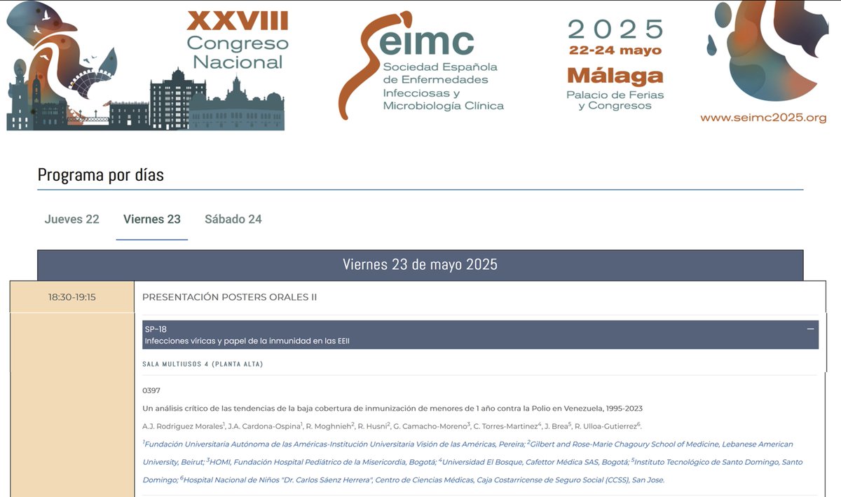 Dr Alfonso J Rodriguez-Morales MD MSc DTM&H HonDSc (@drajrodriguezm) on Twitter photo Tenemos 6 posters presentados de nuestro grupo y colaboradores en Congreso <a href="/SEIMC_/">SEIMC</a>
<a href="/kattebonilla11/">K Bonilla</a> <a href="/JaimeACardonaO1/">Jaime A. Cardona-Ospina</a> @taniachaves
<a href="/camachomgerman/">German Camacho Moreno</a> <a href="/cafettor/">Carlos Torres</a> <a href="/rolandoug/">Rolando Ulloa-Gutierrez</a>
Mañana, 1 seleccionado para presentación oral, sobre la crisis en Vzla, migración, y bajas coberturas de Polio. Tenemos 6 posters presentados de nuestro grupo y colaboradores en Congreso <a href="/SEIMC_/">SEIMC</a>
<a href="/kattebonilla11/">K Bonilla</a> <a href="/JaimeACardonaO1/">Jaime A. Cardona-Ospina</a> @taniachaves
<a href="/camachomgerman/">German Camacho Moreno</a> <a href="/cafettor/">Carlos Torres</a> <a href="/rolandoug/">Rolando Ulloa-Gutierrez</a>
Mañana, 1 seleccionado para presentación oral, sobre la crisis en Vzla, migración, y bajas coberturas de Polio.