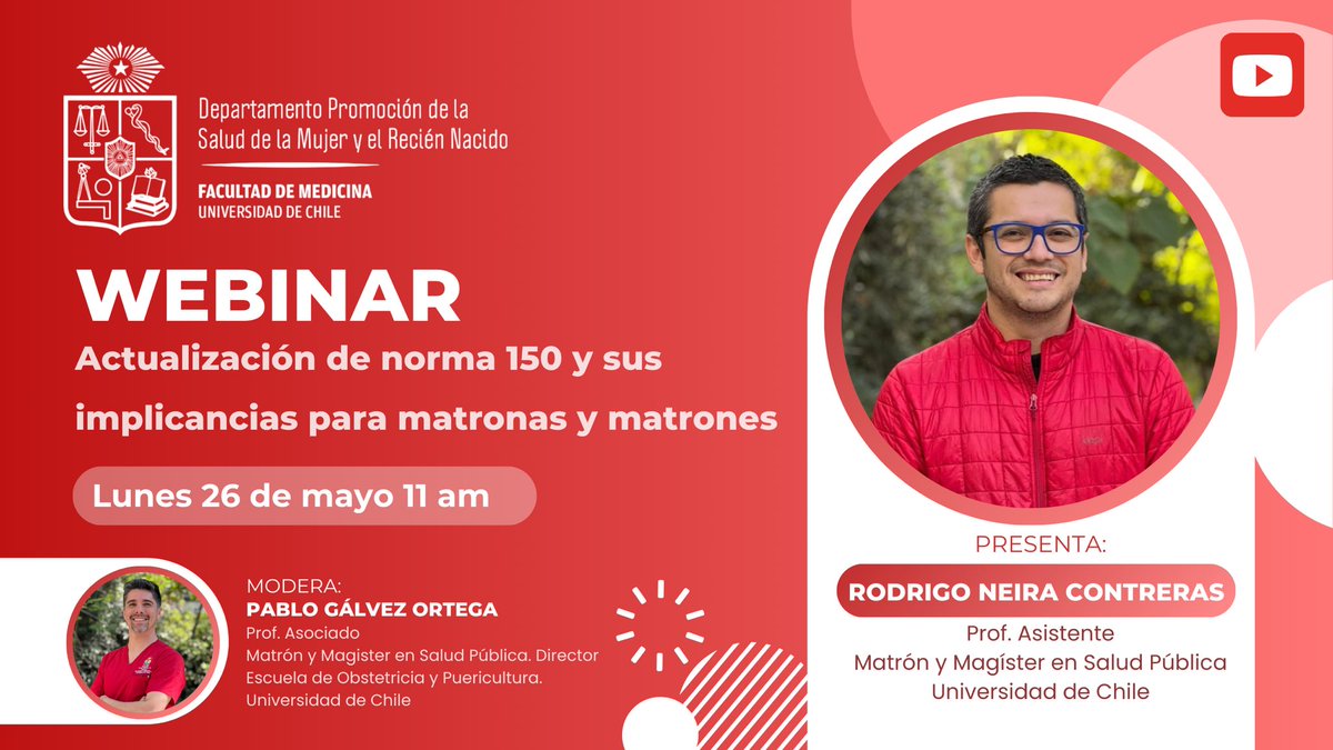 🔴 ¡Atención matronas y matrones!
Te invitamos a participar en un webinar sobre la Actualización de la Norma 150 y sus implicancias para el ejercicio profesional.

📅 Lunes 26 de mayo
🕚 11:00 am
📍Transmisión en vivo por el canal de YouTube

¡No te lo pierdas y aclara tus dudas!