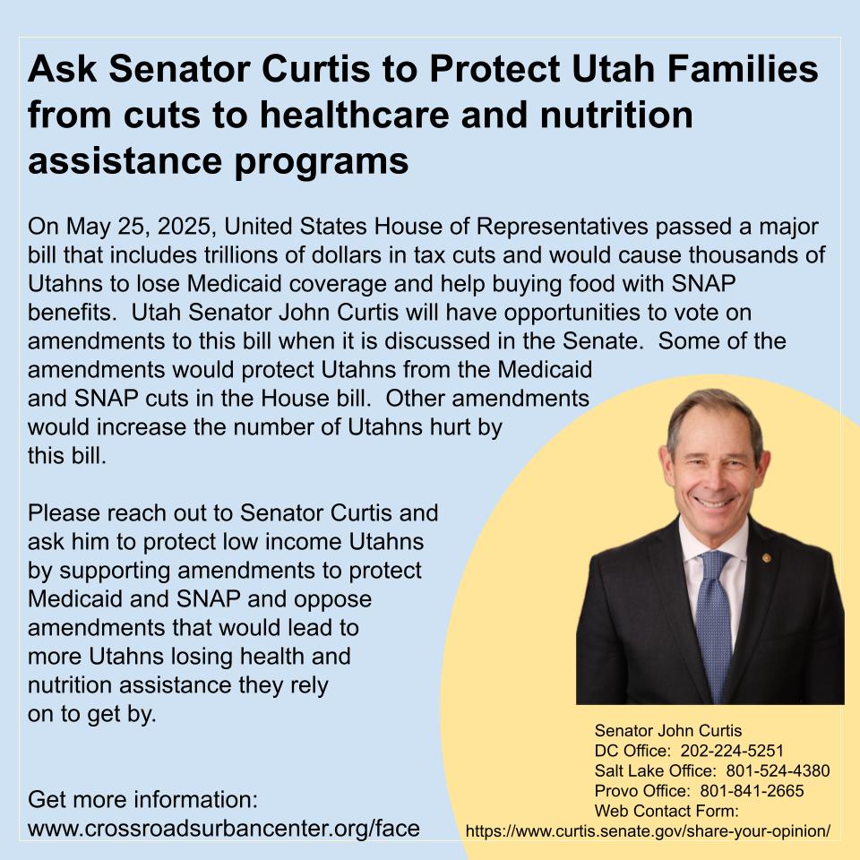 Crossroads Urban Cen (@crossroadsurban) on Twitter photo We ask <a href="/SenJohnCurtis/">Senator John Curtis</a> to vote for amendments to the Big Bill that protect Utahns from Medicaid and SNAP cuts and against amendments that increase the number of Utahns who lose access to healthcare and nutrition assistance. We ask <a href="/SenJohnCurtis/">Senator John Curtis</a> to vote for amendments to the Big Bill that protect Utahns from Medicaid and SNAP cuts and against amendments that increase the number of Utahns who lose access to healthcare and nutrition assistance.