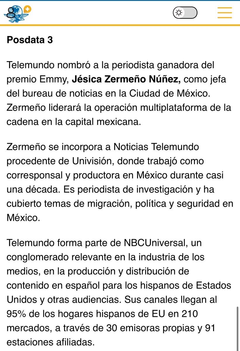 Posdata 3

<a href="/Telemundo/">Telemundo</a> nombró a la periodista ganadora del premio Emmy, <a href="/JesicaZermeno/">Jésica Zermeño</a>, como jefa del bureau de noticias en la Ciudad de México. Zermeño liderará la operación multiplataforma de la cadena en la capital mexicana.

Zermeño se incorpora a Noticias Telemundo procedente