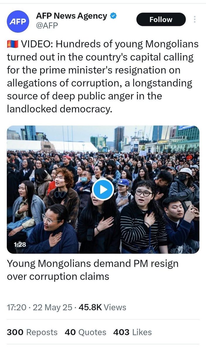 ЗГ толгойлсноос нь хойш авлигын индекс тасралтгүй уруудсан ОЭ-ийн хүү сүйт хүүхэндээ өгсөн тансаг бэлгээс үүдэн монгол залуус төв тайлбайдаа гарч ОЭ-ийг орлогоо нотлохыг шаардан жагсаж, энэ бүх явдлыг дэлхий нийтээр анзаарсан өдрийн мэнд хүргэе.