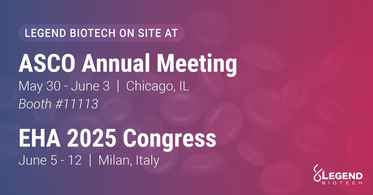 Legend Biotech (@legendbiotech) on Twitter photo We will present long-term data on our #CART therapy for multiple myeloma at <a href="/ASCO/">ASCO</a> and new data at <a href="/EHA_Hematology/">European Hematology Association</a>. Visit our ASCO exhibit #11113 to learn about our transformative therapy that has treated ~6K patients to date and our work in #SolidTumors. investors.legendbiotech.com/news-releases/… We will present long-term data on our #CART therapy for multiple myeloma at <a href="/ASCO/">ASCO</a> and new data at <a href="/EHA_Hematology/">European Hematology Association</a>. Visit our ASCO exhibit #11113 to learn about our transformative therapy that has treated ~6K patients to date and our work in #SolidTumors. investors.legendbiotech.com/news-releases/…
