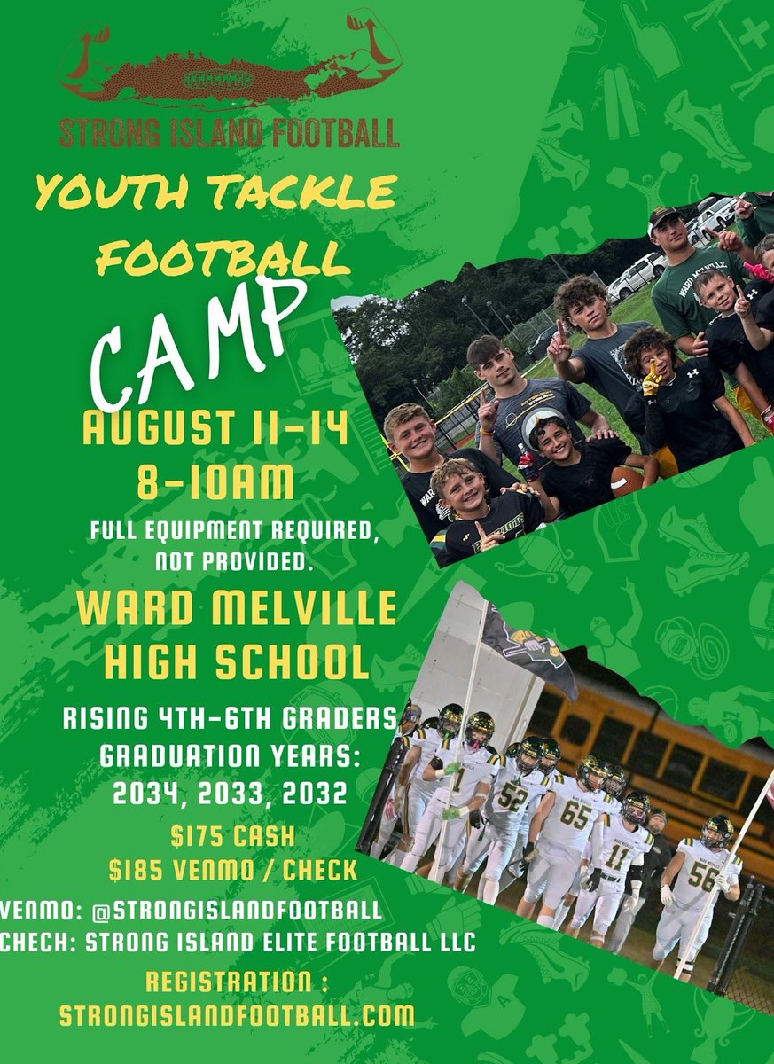 Summer camp and clinic registration are open at strongislandfootball.com! Students from all school districts are welcome! #StrongIsland 💪🏝️🏈