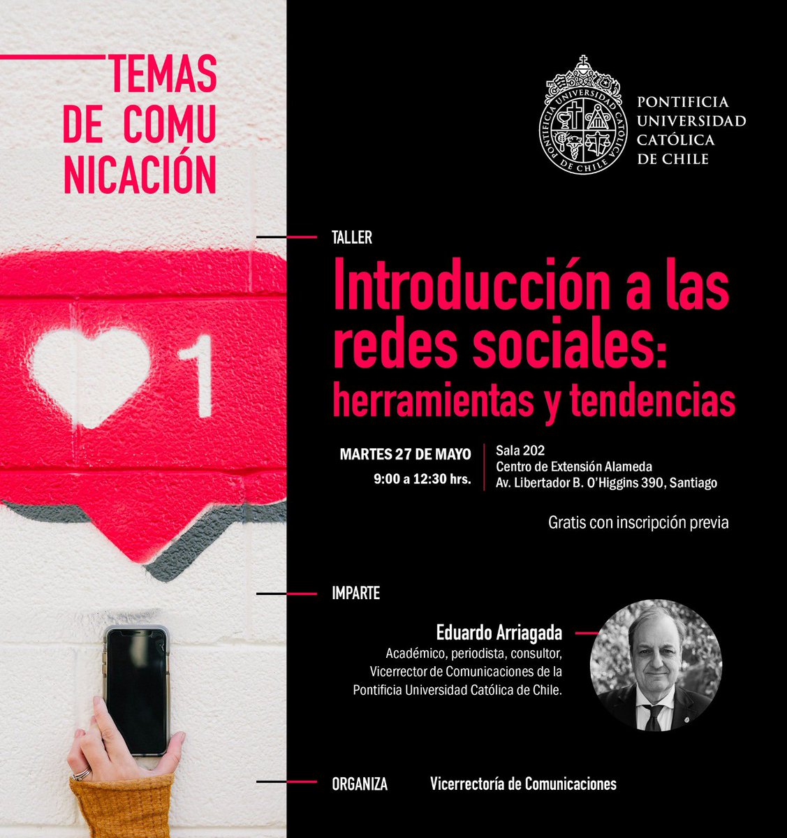 Universidad Católica (@ucatolica) on Twitter photo Hablemos de redes sociales. 🗣️📲 Únete a este taller #gratuito sobre plataformas digitales con el vicerrector de Comunicaciones y Extensión Cultural, Eduardo Arriagada (<a href="/earriagada/">Eduardo Arriagada</a>).
📅 27 de mayo
⏰ 9:00 a 12:30 hrs.
📍Centro de #ExtensiónAlameda
🔗: forms.office.com/r/2XjaAccQ9r?o… Hablemos de redes sociales. 🗣️📲 Únete a este taller #gratuito sobre plataformas digitales con el vicerrector de Comunicaciones y Extensión Cultural, Eduardo Arriagada (<a href="/earriagada/">Eduardo Arriagada</a>).
📅 27 de mayo
⏰ 9:00 a 12:30 hrs.
📍Centro de #ExtensiónAlameda
🔗: forms.office.com/r/2XjaAccQ9r?o…