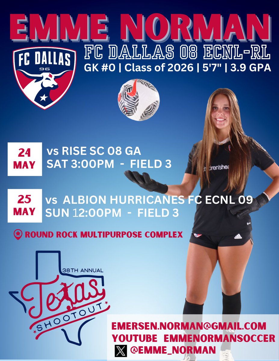 Can’t wait to compete at the Texas Shootout this weekend! 
<a href="/FCDallas08gECRL/">FC Dallas 08g ECNL RL</a> <a href="/CelinaSoccer/">Celina Lady Bobcats Soccer</a> <a href="/FCDGirlsECNL/">FC Dallas Girls ECNL</a> <a href="/ugkalliance/">@unitedgkalliance</a> <a href="/mgkacademy/">MGK Academy</a> <a href="/ImYouthSoccer/">ECNL/GA/Recruiting/College Soccer</a> <a href="/PrepSoccerTX/">Prep Soccer Texas</a>