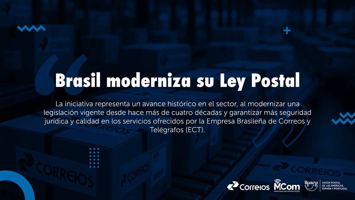 Unión Postal de las Américas, España y Portugal (@union_upaep) on Twitter photo Celebramos la actualización de la legislación postal de Brasil tras más de 40 años, una medida que fortalece el rol de Correios y sienta las bases para un ecosistema más moderno, seguro e inclusivo. 👏🏽🌐
<a href="/govbr/">Governo do Brasil</a> <a href="/mincomunicacoes/">Ministério das Comunicações</a> Celebramos la actualización de la legislación postal de Brasil tras más de 40 años, una medida que fortalece el rol de Correios y sienta las bases para un ecosistema más moderno, seguro e inclusivo. 👏🏽🌐
<a href="/govbr/">Governo do Brasil</a> <a href="/mincomunicacoes/">Ministério das Comunicações</a>