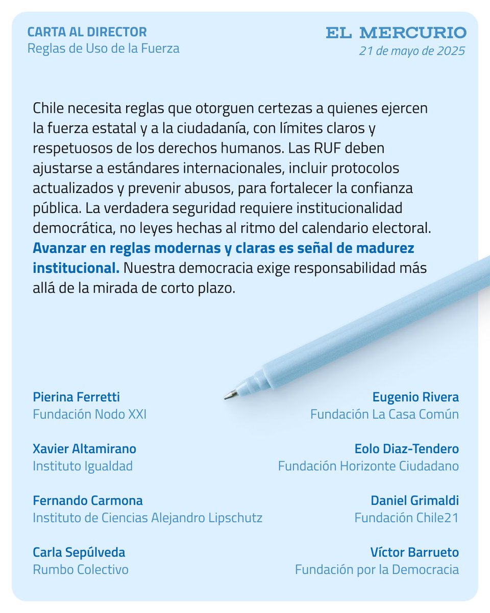 📌📩  Les invitamos a leer la carta al Director "Reglas de Uso de la Fuerza", elaborada y firmada por los centros de pensamiento progresistas, publicada en el diario El Mercurio.

✍️ Firman: 
• Pierina Ferretti, Fundación Nodo XXI.
• Xavier Altamirano, Instituto Igualdad. 
•
