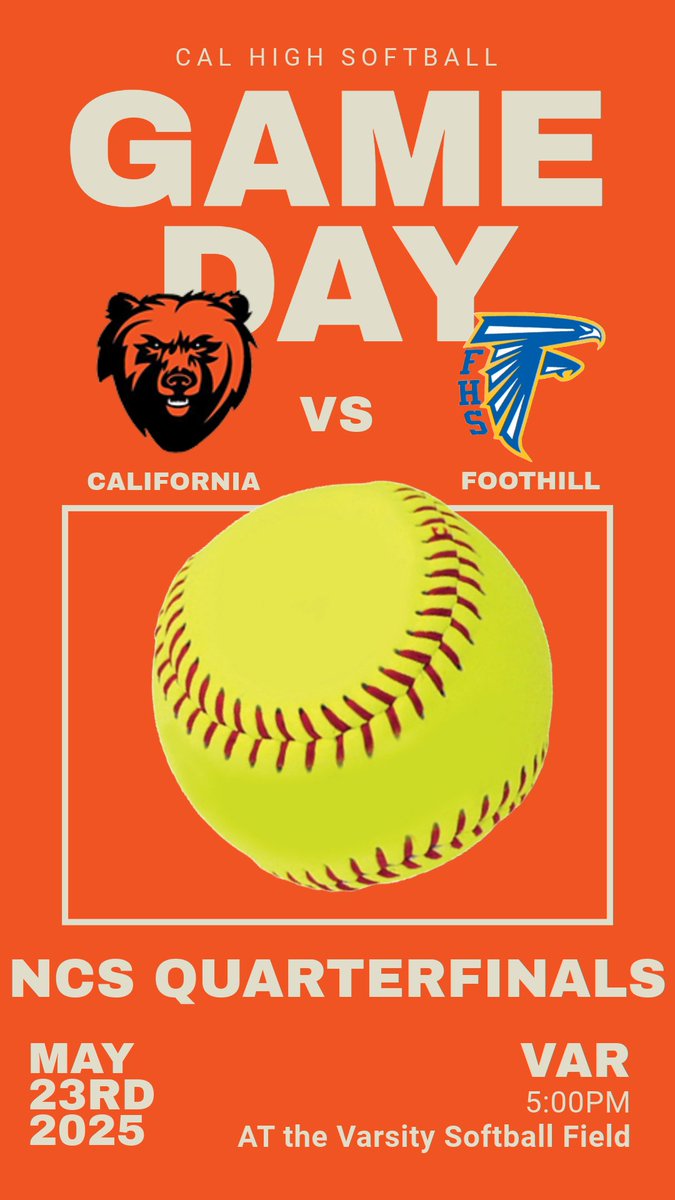 Grizzlies, come support Cal High's varsity softball team as they take on Foothill HS in the NCS Division 1 Quarterfinals! Tickets are on sale at gofan.co

#gogrizzlies