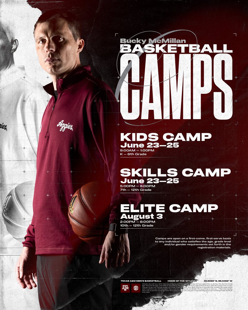 Texas A&M Basketball (@aggiembk) on Twitter photo Bucky Ball Camps are coming to Reed Arena 🔜 👍
🏀 Join us this summer for some hoops!
🗓️ June 23-25 & August 3
📲 <a href="/buckyballtamu/">Bucky McMillan Basketball Camp</a>
🔗 Register now: aggiebasketballcamp.com
#GigEm | #BuckyBall Bucky Ball Camps are coming to Reed Arena 🔜 👍
🏀 Join us this summer for some hoops!
🗓️ June 23-25 & August 3
📲 <a href="/buckyballtamu/">Bucky McMillan Basketball Camp</a>
🔗 Register now: aggiebasketballcamp.com
#GigEm | #BuckyBall
