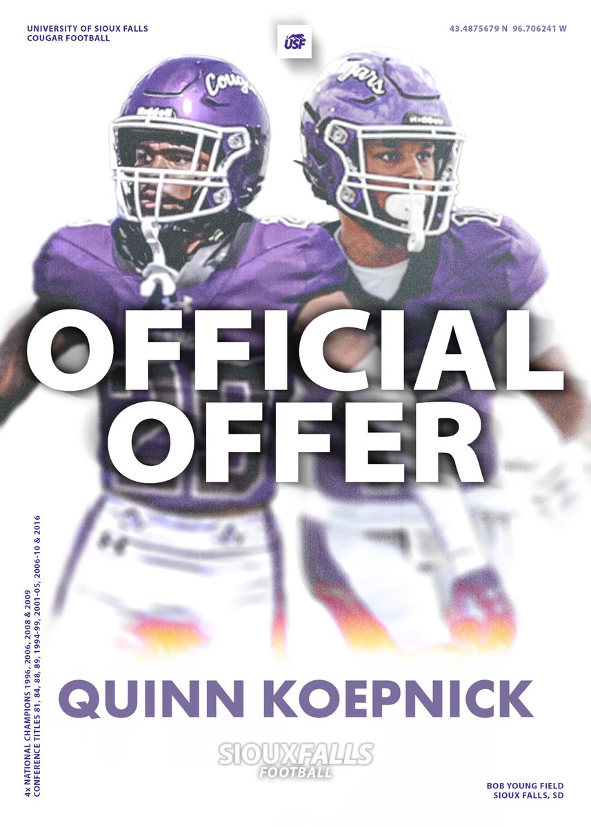 Quinn.koepnick (@koepnickquinn) on Twitter photo After a great conversation with <a href="/jakob_thut/">Coach Thut</a> I have received my second d2 offer to play football at The university of Sioux Falls!!! <a href="/JimGlogowski/">Coach Glo</a> <a href="/_Coach_McCall/">Andre McCall</a> <a href="/Coach_DBones/">Daryl Bones</a> <a href="/cxclapper80/">Clap</a> <a href="/travisWSN/">Travis Wilson</a> <a href="/MJ_NFLDraft/">Mark Johnson</a> After a great conversation with <a href="/jakob_thut/">Coach Thut</a> I have received my second d2 offer to play football at The university of Sioux Falls!!! <a href="/JimGlogowski/">Coach Glo</a> <a href="/_Coach_McCall/">Andre McCall</a> <a href="/Coach_DBones/">Daryl Bones</a> <a href="/cxclapper80/">Clap</a> <a href="/travisWSN/">Travis Wilson</a> <a href="/MJ_NFLDraft/">Mark Johnson</a>