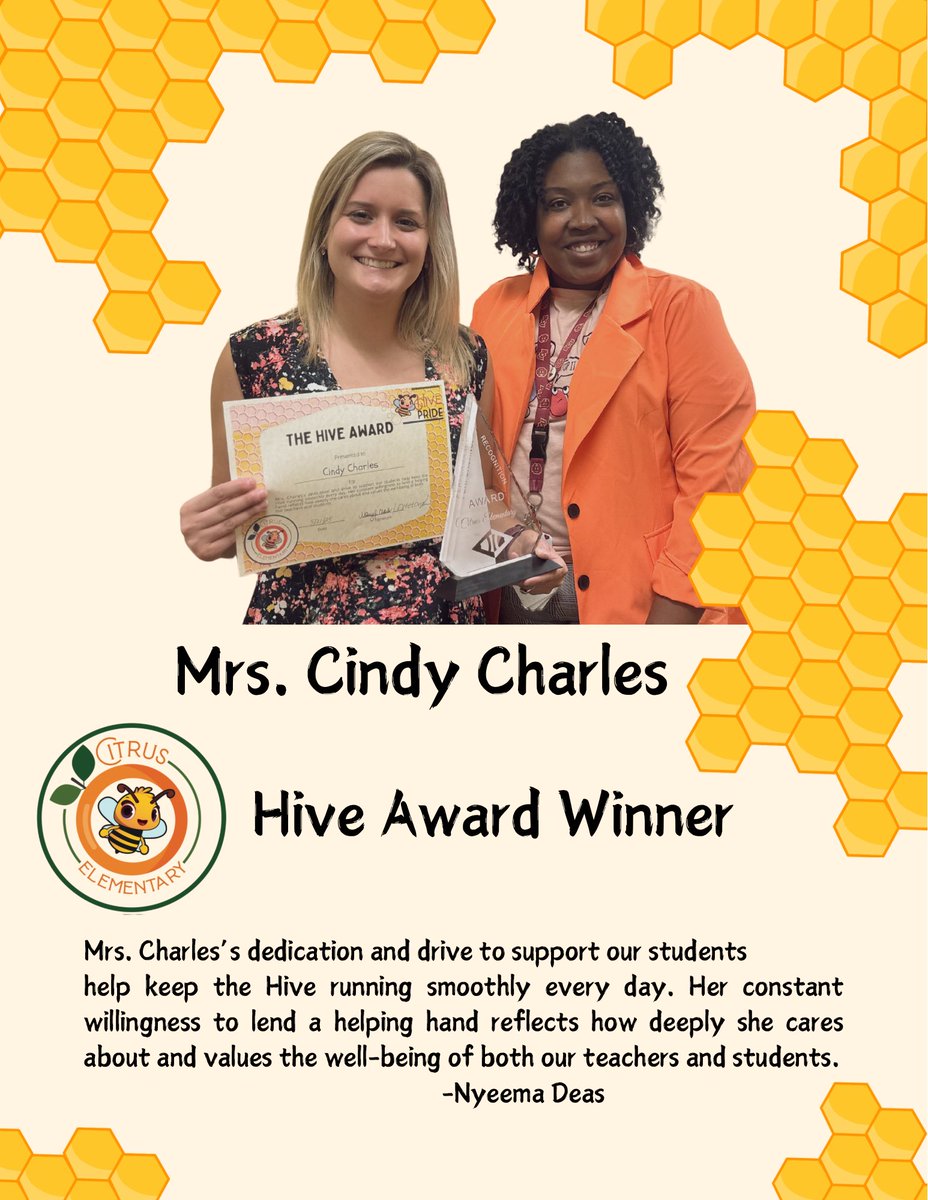 Citrus Elementary (@citruselem_ocps) on Twitter photo Congratulations to our School Guidance Counselor, Mrs. Cindy Charles, who is the winner of the last Hive Award of the 2024-25 school year! Thank you for all you do for Citrus! <a href="/CitrusElemPta/">CitrusElemPTA</a> <a href="/OCPSnews/">ocpsnews</a> <a href="/OCPS_PFE/">OCPS Parent and Family Engagement</a> <a href="/DinaMetova/">Dr. Dina Metova</a> <a href="/DrRahim_Jones/">Dr. Rahim Jones</a> Congratulations to our School Guidance Counselor, Mrs. Cindy Charles, who is the winner of the last Hive Award of the 2024-25 school year! Thank you for all you do for Citrus! <a href="/CitrusElemPta/">CitrusElemPTA</a> <a href="/OCPSnews/">ocpsnews</a> <a href="/OCPS_PFE/">OCPS Parent and Family Engagement</a> <a href="/DinaMetova/">Dr. Dina Metova</a> <a href="/DrRahim_Jones/">Dr. Rahim Jones</a>