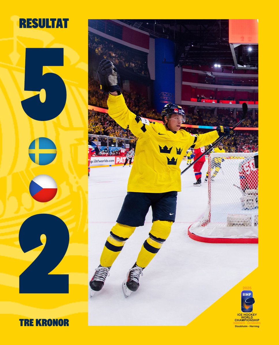 Sweden in Czechia (@swedenincz) on Twitter photo 🏒 Zázrak, švédský tým tří korunek tentokrát porazil na domácí půdě ve Stockholmu české lvy! Mrzí nás, že to znamená konec 🇨🇿 týmu na mistrovství světa, moc rádi bychom si zahráli třeba ve finále – tak snad příští rok! 🤝🫶 Děkujeme za skvělou napínavou hru!
Grafika <a href="/Trekronorse/">Tre Kronor</a> 🏒 Zázrak, švédský tým tří korunek tentokrát porazil na domácí půdě ve Stockholmu české lvy! Mrzí nás, že to znamená konec 🇨🇿 týmu na mistrovství světa, moc rádi bychom si zahráli třeba ve finále – tak snad příští rok! 🤝🫶 Děkujeme za skvělou napínavou hru!
Grafika <a href="/Trekronorse/">Tre Kronor</a>