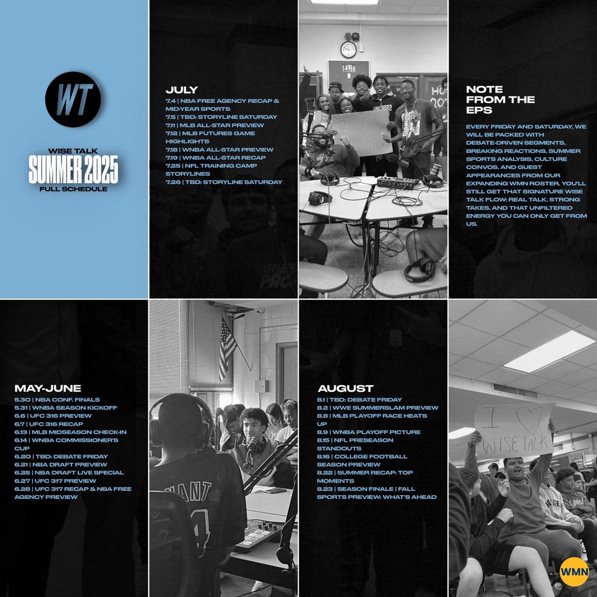 WiseMediaWMN's tweet photo. The Wise Talk Summer 2025 Schedule is HERE.
We’re dropping new episodes every Friday &amp; Saturday all summer long! More debates, deeper convos, bolder takes.
Mark your calendars. Tap in. Stay loud.
#WiseTalk #WMNSummer25 #WiseMediaNetwork https://t.co/fTl75MQ2wP