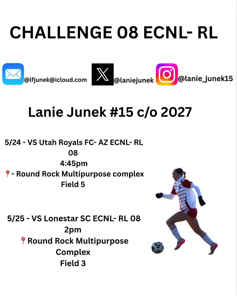 Lanie Junek (@laniejunek) on Twitter photo So excited to be attending the Texas Shootout this weekend in Round Rock, Tx! Hope to see you there!! <a href="/Challenge08RL/">Challenge 07/08 ECNL-RL (U18/19)</a> <a href="/ChallengeSoccer/">Challenge Soccer Club</a> <a href="/ImYouthSoccer/">ECNL/GA/Recruiting/College Soccer</a> <a href="/ImCollegeSoccer/">College Soccer Truth ā¢</a> <a href="/PrepSoccerTX/">Prep Soccer Texas</a> <a href="/ECNLgirls/">ECNL Girls</a> So excited to be attending the Texas Shootout this weekend in Round Rock, Tx! Hope to see you there!! <a href="/Challenge08RL/">Challenge 07/08 ECNL-RL (U18/19)</a> <a href="/ChallengeSoccer/">Challenge Soccer Club</a> <a href="/ImYouthSoccer/">ECNL/GA/Recruiting/College Soccer</a> <a href="/ImCollegeSoccer/">College Soccer Truth ā¢</a> <a href="/PrepSoccerTX/">Prep Soccer Texas</a> <a href="/ECNLgirls/">ECNL Girls</a>