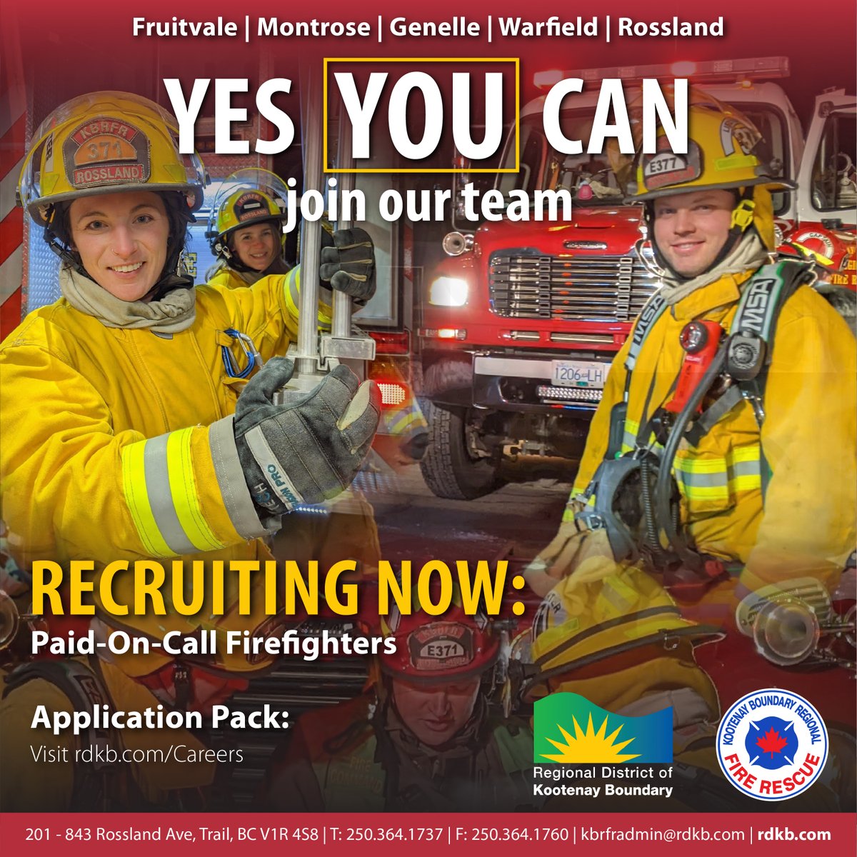 The #RDKB is calling on residents in Rossland, Warfield, Montrose, Fruitvale and Genelle to step up and protect our communities as paid on call firefighters. Read more at rdkb.com/Regional-Gover… Application packs upon request from Trail Fire Station by phone, email or in person.