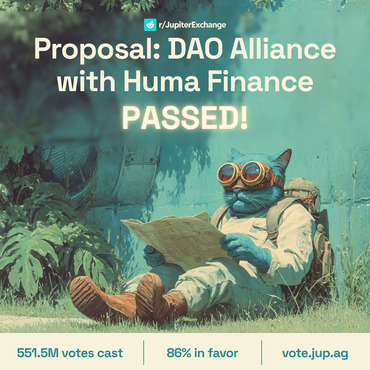 The <a href="/jup_dao/">JupiterDAO</a> alliance with <a href="/humafinance/">Huma Finance 🟣</a> has officially passed!

What’s coming:
• Exclusive presale for $JUP stakers
• $250K treasury swap ($JUP ↔ $HUMA)
• Jupiter Community activation
