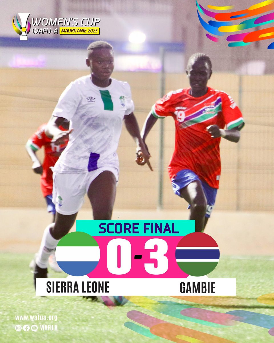 Three-star Gambia 🇬🇲 beat Sierra Leone 🇸🇱 in the WAFU-A women’s cup in Nouakchott, Mauritania 🇲🇷 this evening.

Red Scorpions Fatoumatta Jammeh, Police FC Fatou Sonko, and substitute Kaddy Jarju of Shaita Angels scored to give the queen scorpions an astonishing 3-0 victory.