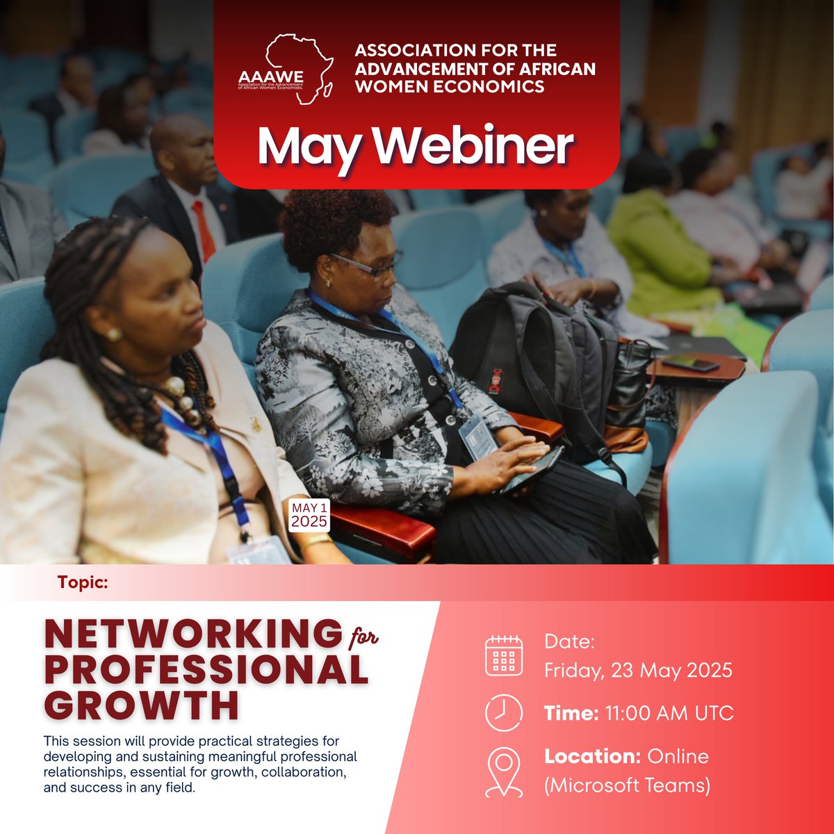AAAWE198's tweet photo. Join AAAWE's May Webinar on 'Networking for Professional Growth'! Discover practical strategies to build and sustain meaningful professional relationships. 📅 Friday, 23 May 2025 | ⏰ 11:00 AM UTC | 💻 Online (Microsoft Teams). Don't miss this opportunity to elevate your career! https://t.co/GDBx8qA0C9