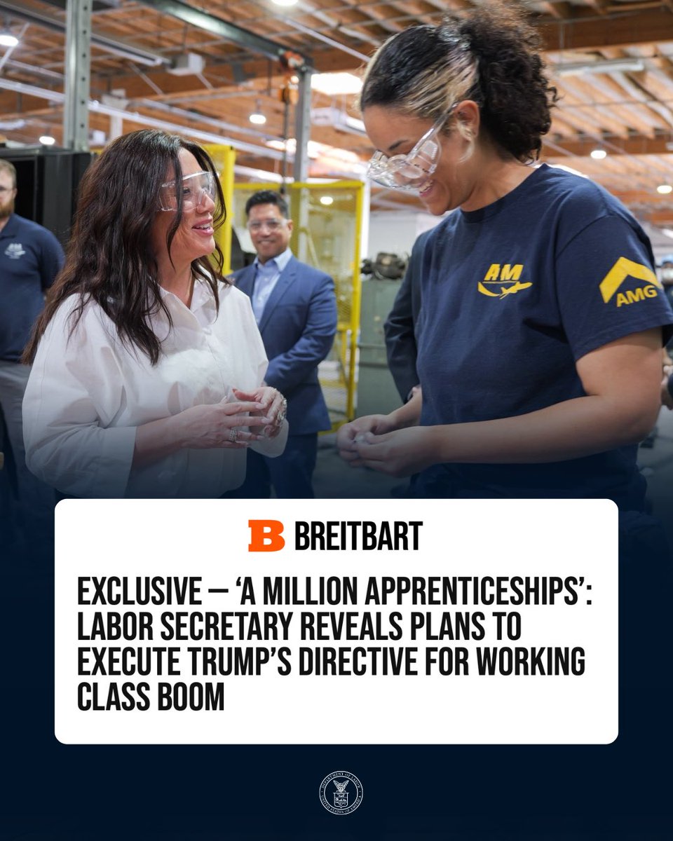 Secretary Lori Chavez-DeRemer (@secretarylcd) on Twitter photo Apprenticeships are critical to modernizing our workforce and preparing American Workers for the high-skilled jobs of the future.
Read more about how we’re working to fulfill <a href="/POTUS/">President Donald J. Trump</a>’ goal of 1 million apprentices per year ➡️ breitbart.com/politics/2025/… Apprenticeships are critical to modernizing our workforce and preparing American Workers for the high-skilled jobs of the future.
Read more about how we’re working to fulfill <a href="/POTUS/">President Donald J. Trump</a>’ goal of 1 million apprentices per year ➡️ breitbart.com/politics/2025/…