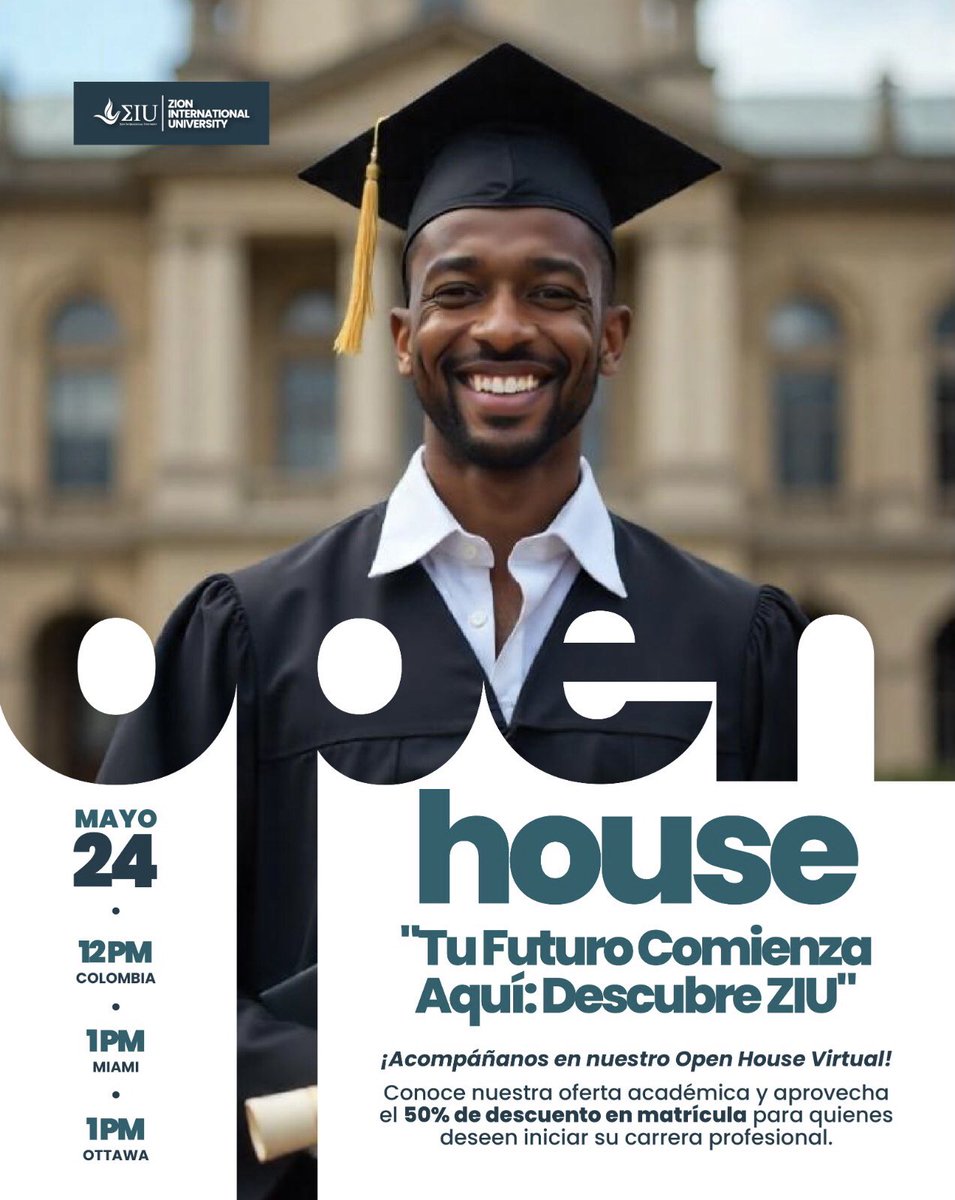 Te invitamos a nuestro OPEN HOUSE en Zion International University, donde tendrás la oportunidad de conocer más sobre nuestra institución y programas académicos. 🎓 

📅 24 de Mayo de 2025.
🕓 12:00 P.M. (Colombia)

🔗 Inscríbete aquí: forms.gle/ngPvGZAFwbkP4s…. 🚀