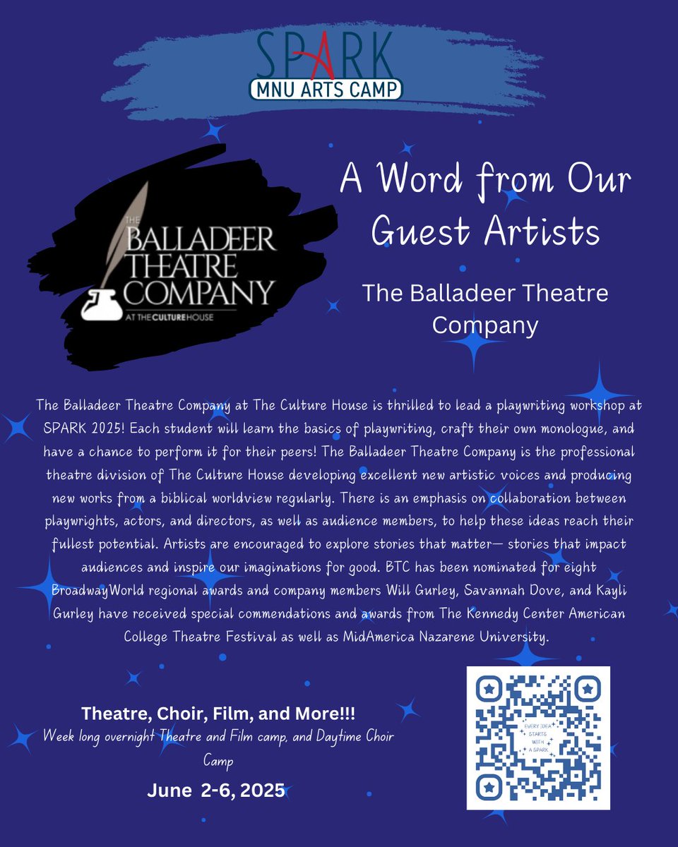 A few words from one of this year’s new Guest Artists, The Balladeer Theatre Company is joining us to lead our brand new Playwriting Workshop!! We are thrilled to see what they have to share with our students!

#sparkcamp #playwriting #sparkarts #theatrecamp #writingforstage