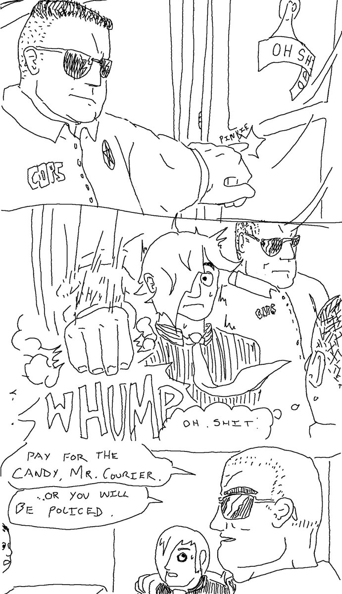 MicroVerax's tweet image. Having some fun with a non-Mechanism comic sketch. I have been mulling over a controversial "modern" day story idea as a challenge from someone who dislikes scifi. Of course "Mr. Courier" is a self-insert! Modern day experience is the best story material for this.