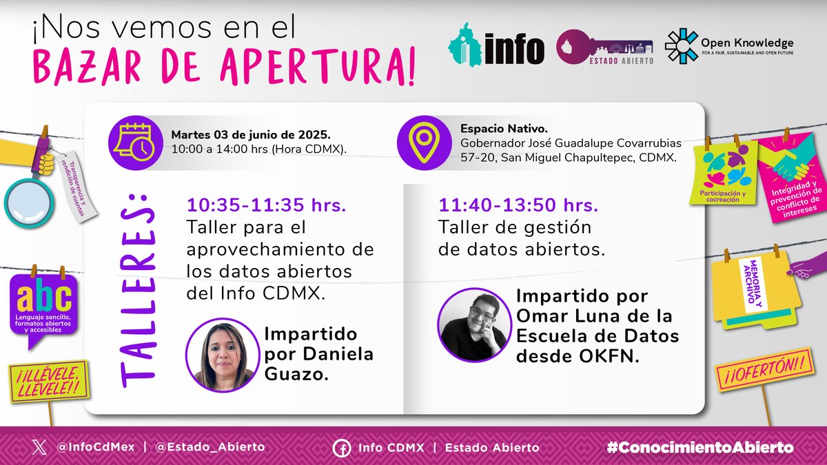 Estado Abierto (@estado_abierto) on Twitter photo #ConocimientoAbierto | ¡No te pierdas el #BazarDeApertura‼️✨ Espacio para explorar y conocer herramientas de Apertura Institucional 🤩
¡Te esperamos en Espacio Nativo!
🗓️ 3 de junio ⏰ 10 am a 14 pm (CDMX)
💬Talleres: <a href="/DanGuazoM/">Daniela Guazo</a> <a href="/gomaxxx/">Omar Luna 🏳️🌈🏳️⚧️</a> <a href="/OKFN/">Open Knowledge Foundation (@okfn@fosstodon.org)</a>
Registro: acortar.link/xMpFwk #ConocimientoAbierto | ¡No te pierdas el #BazarDeApertura‼️✨ Espacio para explorar y conocer herramientas de Apertura Institucional 🤩
¡Te esperamos en Espacio Nativo!
🗓️ 3 de junio ⏰ 10 am a 14 pm (CDMX)
💬Talleres: <a href="/DanGuazoM/">Daniela Guazo</a> <a href="/gomaxxx/">Omar Luna 🏳️🌈🏳️⚧️</a> <a href="/OKFN/">Open Knowledge Foundation (@okfn@fosstodon.org)</a>
Registro: acortar.link/xMpFwk