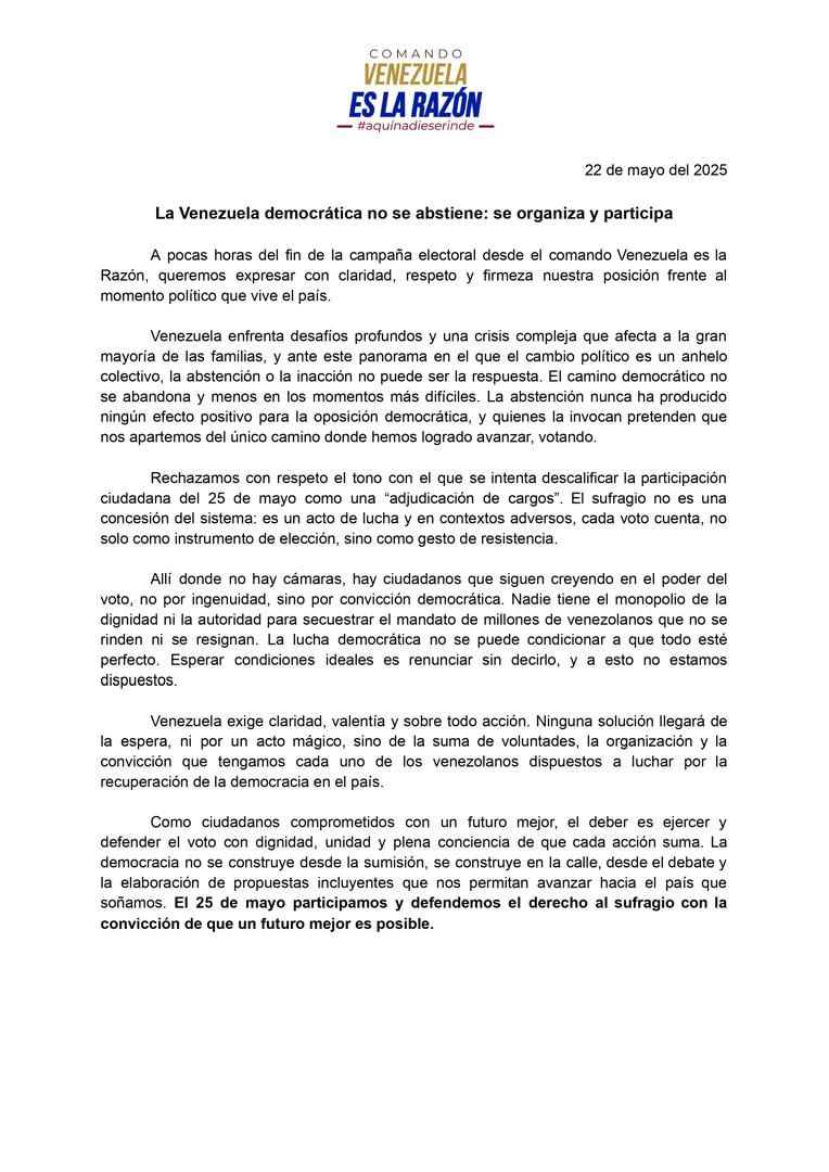 La democracia no se construye desde la sumisión, se construye en la calle, desde el debate y la elaboración de propuestas incluyentes que nos permitan avanzar hacia el país que soñamos. El #25m participamos y defendemos el derecho al voto, un futuro mejor es posible. #22Mayo