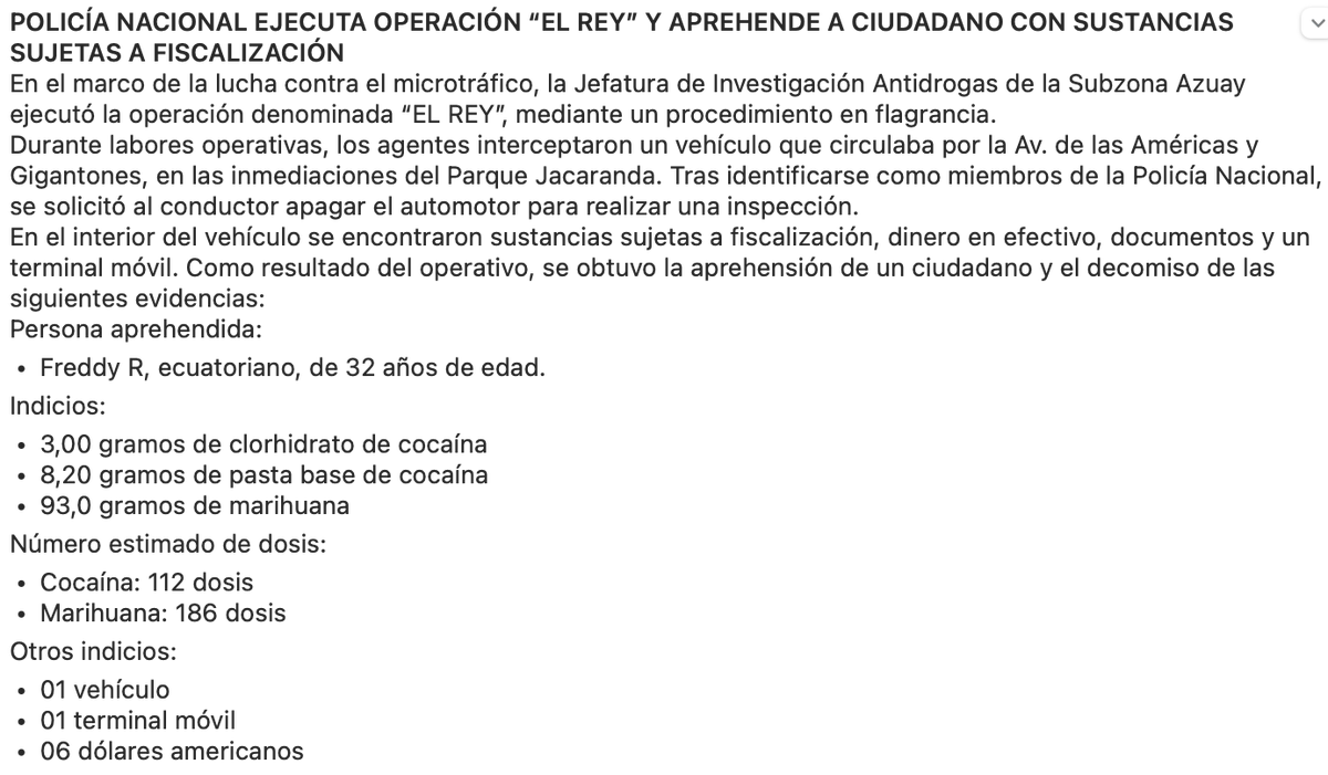 #ATENCIÓN || La <a href="/PoliciaEcuador/">Policía Ecuador</a> detuvo en el sector del parque Jacaranda, en #Cuenca, al ecuatoriano Freddy R., por tenencia de marihuana y cocaína en el interior del vehículo en el que se movilizaba. Posterior a la detención fue entregado a las autoridades competentes.