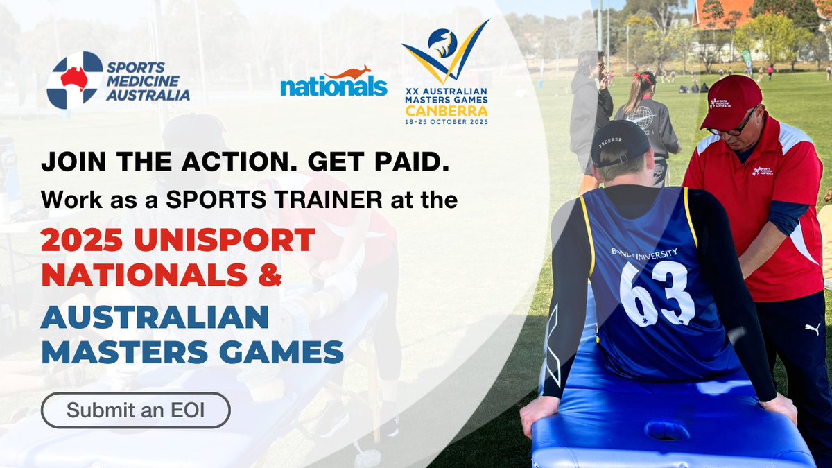 Sports Medicine Australia (@sma_news) on Twitter photo SMA-accredited Sports Trainers can access PAID work at two major 2025 events - <a href="/unisportAU/">UniSport Australia</a> Nationals (27 Sep-3 Oct, Gold Coast) and <a href="/AusMastersGames/">AusMastersGames</a> (18-25 Oct, Canberra). Boost your resume, grow your network and gain hands-on experience.
π Submit an EOI: zurl.co/pnVOz SMA-accredited Sports Trainers can access PAID work at two major 2025 events - <a href="/unisportAU/">UniSport Australia</a> Nationals (27 Sep-3 Oct, Gold Coast) and <a href="/AusMastersGames/">AusMastersGames</a> (18-25 Oct, Canberra). Boost your resume, grow your network and gain hands-on experience.
π Submit an EOI: zurl.co/pnVOz