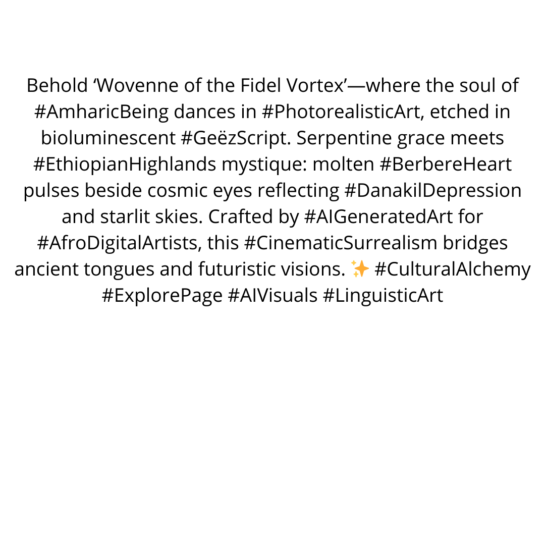 AfriKabakata's tweet photo. #afrikabakata #africa #cuture #afro #ai #digitalart #artist #surreal #language #aiart #surrealart #amharicbeing #photorealisticart #aigeneratedart #afrodigitalartists #ethiopianhighlands #geezscript #cinematicsurrealism #culturalheritage #explorepage #viraltrend https://t.co/C96cj5MROw
