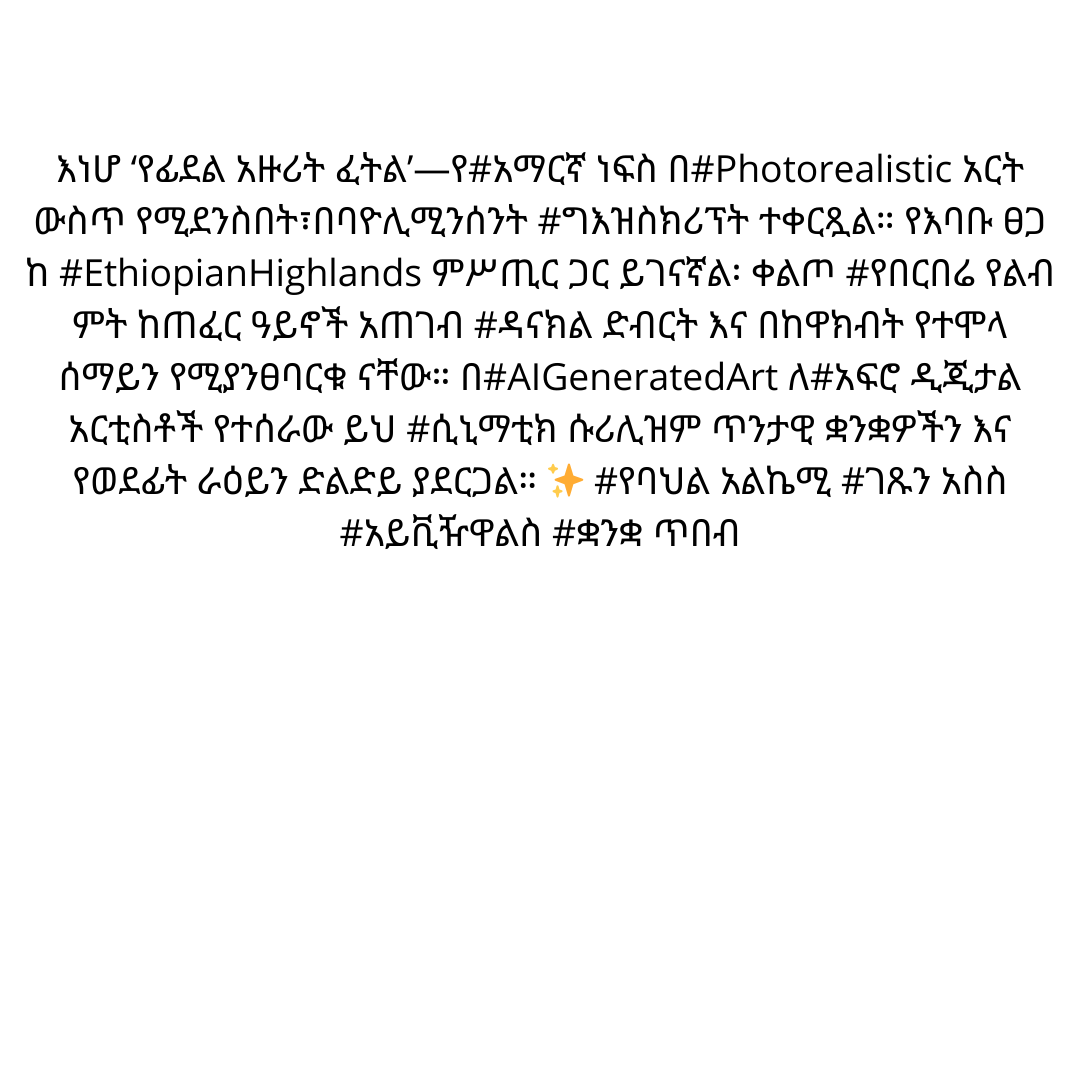 AfriKabakata's tweet photo. #afrikabakata #africa #cuture #afro #ai #digitalart #artist #surreal #language #aiart #surrealart #amharicbeing #photorealisticart #aigeneratedart #afrodigitalartists #ethiopianhighlands #geezscript #cinematicsurrealism #culturalheritage #explorepage #viraltrend https://t.co/C96cj5MROw