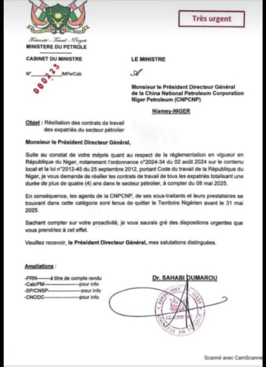aboubacarybarma's tweet photo. Les autorités nigériennes ont aussi sommé les agents concernés de quitter le pays avant le 31 mai prochain. La #CNPC_Niger dit prendre acte tout en continuant à dialoguer avec les autorités dans le cadre des bonnes relations sino-nigérienne
#Pétrole #Chine #Niger
#Wapco #Soraz https://t.co/h2ZAKxm8kH