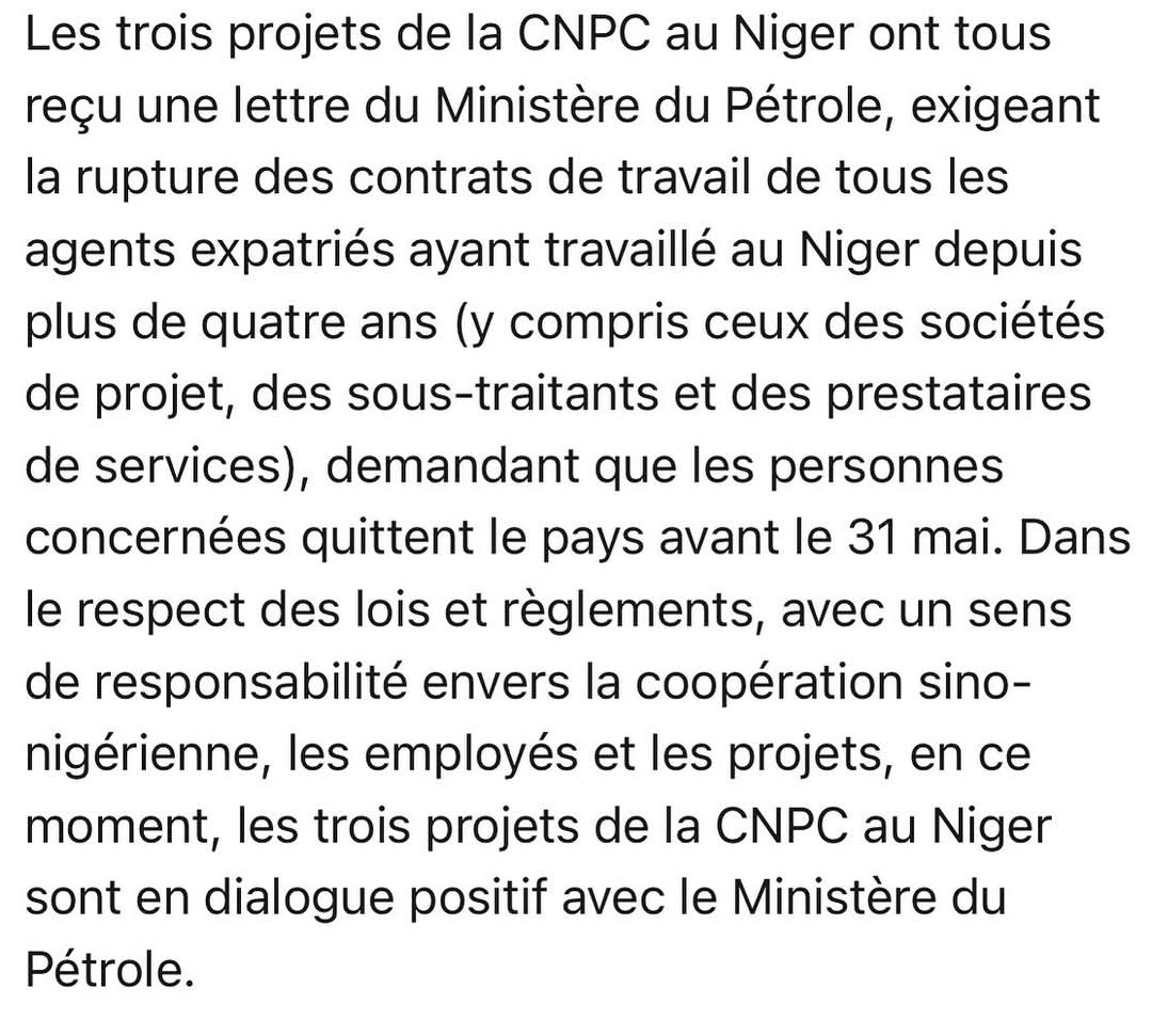 aboubacarybarma's tweet photo. Les autorités nigériennes ont aussi sommé les agents concernés de quitter le pays avant le 31 mai prochain. La #CNPC_Niger dit prendre acte tout en continuant à dialoguer avec les autorités dans le cadre des bonnes relations sino-nigérienne
#Pétrole #Chine #Niger
#Wapco #Soraz https://t.co/h2ZAKxm8kH