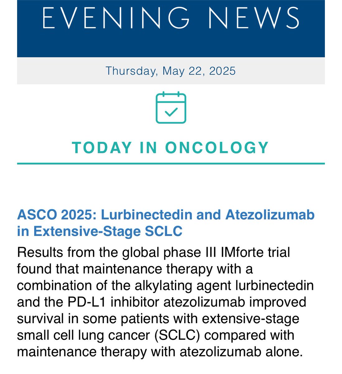 #IMforte phase 3 study in ES-SCLC—
Maintenance lurbinectedin + atezolizumab v atezolizumab

▫️PFS: 5.4 v 2.1 mo (HR 0.54)
▫️OS: 13.2 v 10.6 mo (HR 0.73)
▫️Grade 3/4 AEs: 25.6% v 5.8%
▫️Tx discontinuation 2/2 AEs: 6.2% v 3.3%

Practice-changing? <a href="/OncoAlert/">OncoAlert</a> <a href="/SclcSMASHERS/">SmallCellSMASHERS</a> #ASCO25