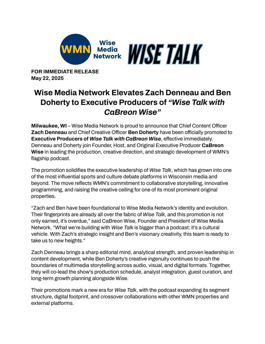 WiseMediaWMN's tweet photo. Big moves for Wise Talk! Please welcome our Chief Content Officer @zenneau and Chief Creative Officer Ben Doherty as the newest Executive Producers of Wise Talk with CaBreon Wise, joining host &amp; founder @CaBreonWiseWMN at the helm.
 #WiseTalk #WMN https://t.co/Z7hXfwdUUc