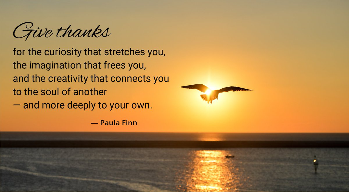 Give thanks 
for the curiosity that stretches you,
the imagination that frees you,
and the creativity that connects you
to the soul of another --
and more deeply to your own.
~ Paula Finn