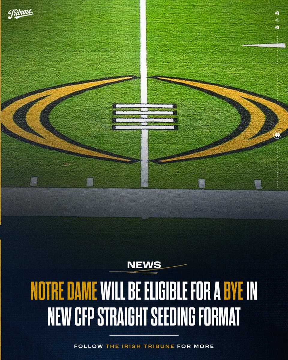 theirishtribune's tweet photo. 𝐍𝐄𝐖𝐒: Notre Dame will be eligible for a bye week under the College Football Playoff’s new seeding model.

The CFP committee voted unanimously today to adopt a straight seeding format for the upcoming college football season. Under the new format, the Irish will now be eligible for a bye week, previously reserved only for conference champions.

Last year, Notre Dame would have been the No. 5 seed, hosting No. 12 Clemson in the first round of the CFP. This year, ND will have the opportunity to skip the first round entirely, provided they earn a top-four seed.

Comment your thoughts below ⬇️

📸: NCAA