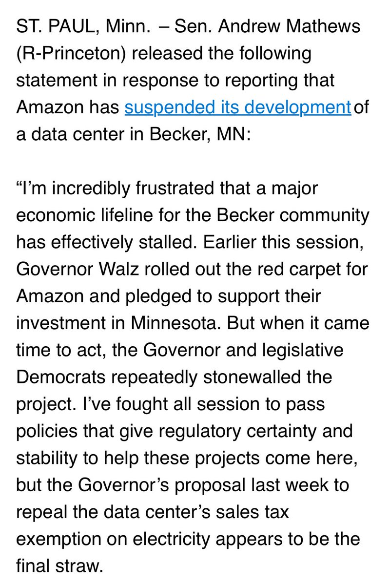 AndrewMathewsMN's tweet image. My statement in response to today’s news of Amazon’s announcement about suspending the proposed data center project in my district in Becker.