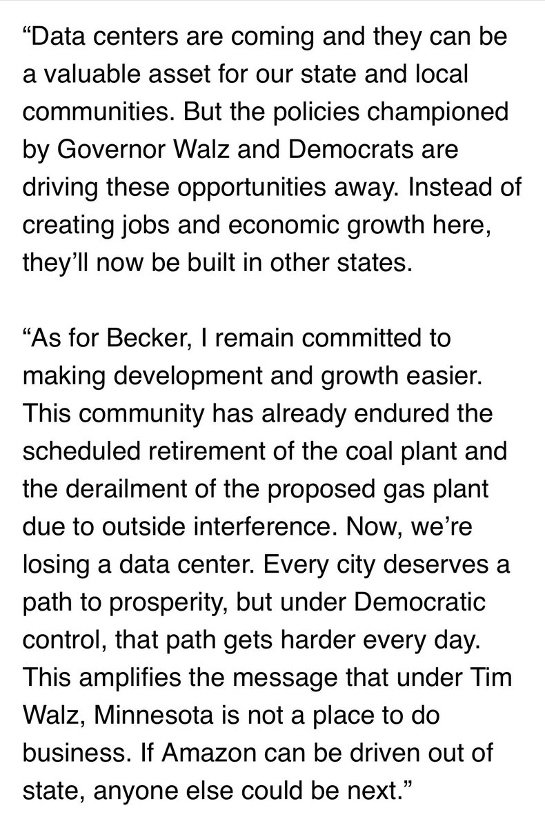 AndrewMathewsMN's tweet image. My statement in response to today’s news of Amazon’s announcement about suspending the proposed data center project in my district in Becker.