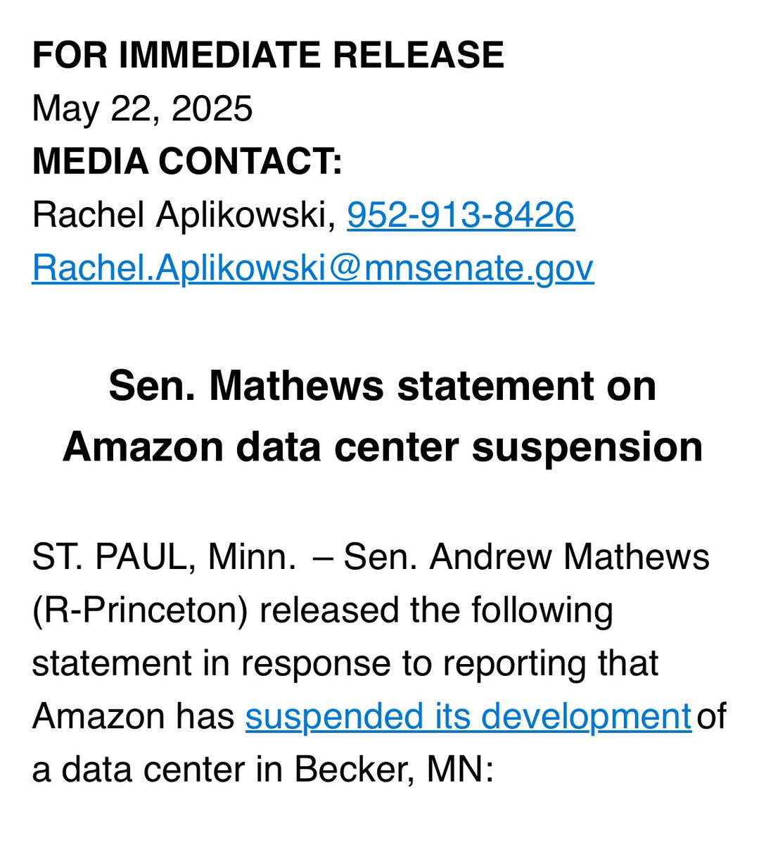 AndrewMathewsMN's tweet image. My statement in response to today’s news of Amazon’s announcement about suspending the proposed data center project in my district in Becker.