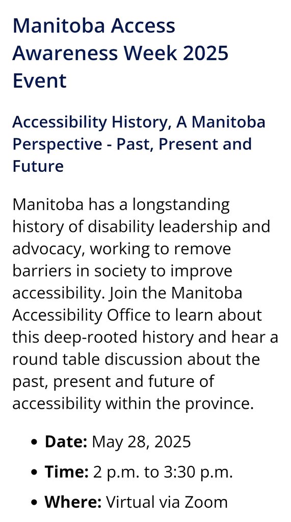 Join myself and Dr. Diane Driedger and Dr. Nancy Hansen as we bring you "Accessibility History, A Manitoba Perspective - Past, Present and Future" to #MAAW2025 hosted by the Manitoba Accessibility Office on May 28! For more information head to  accessibilitymb.ca!