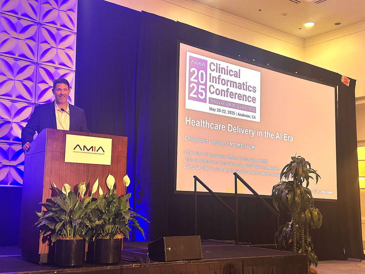 Jacobs Center for Health Innovation @ UC San Diego (@innovationucsdh) on Twitter photo During his <a href="/AMIAinformatics/">AMIA</a> keynote, "Evidence-Based Medicine in the AI Era," JCHI's <a href="/CALonghurst/">Christopher A. Longhurst, MD</a>
highlighted how #AI can power decision support and accelerate the shift to a highly reliable learning health system.
Proud to see <a href="/UCSDHealth/">UC San Diego Health</a> at the forefront of shaping the future During his <a href="/AMIAinformatics/">AMIA</a> keynote, "Evidence-Based Medicine in the AI Era," JCHI's <a href="/CALonghurst/">Christopher A. Longhurst, MD</a>
highlighted how #AI can power decision support and accelerate the shift to a highly reliable learning health system.
Proud to see <a href="/UCSDHealth/">UC San Diego Health</a> at the forefront of shaping the future