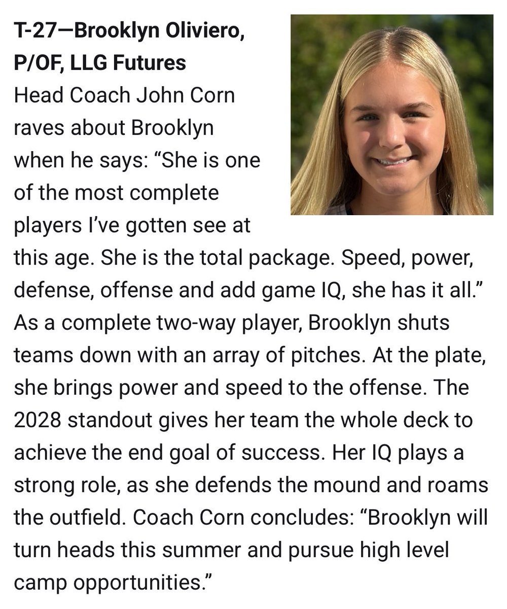 Brooklyn Oliviero (@bmoliviero) on Twitter photo Thank you so much <a href="/LineDsoftball/">Line Drive Media</a>—I am beyond grateful for this recognition. Thankful for the people who believe in me, and inspired by the amazing talent on this list. #hot100 #blessed #lightitup
<a href="/Org_LLG/">Lady Lightning Gold Org Account</a> <a href="/LLG_FUTURES/">LLG FUTURES</a> @llgcoach <a href="/sbcoachbelfield/">Philip Belfield</a> Thank you so much <a href="/LineDsoftball/">Line Drive Media</a>—I am beyond grateful for this recognition. Thankful for the people who believe in me, and inspired by the amazing talent on this list. #hot100 #blessed #lightitup
<a href="/Org_LLG/">Lady Lightning Gold Org Account</a> <a href="/LLG_FUTURES/">LLG FUTURES</a> @llgcoach <a href="/sbcoachbelfield/">Philip Belfield</a>