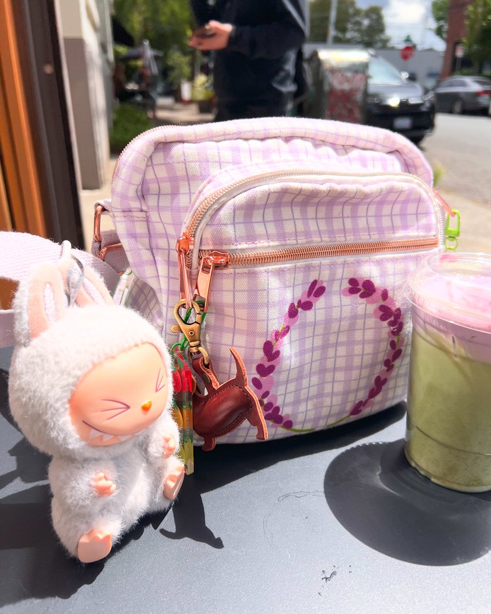 got my clammy heart lavender sprigs side bag, my labubu, and my marionberry matcha 💜