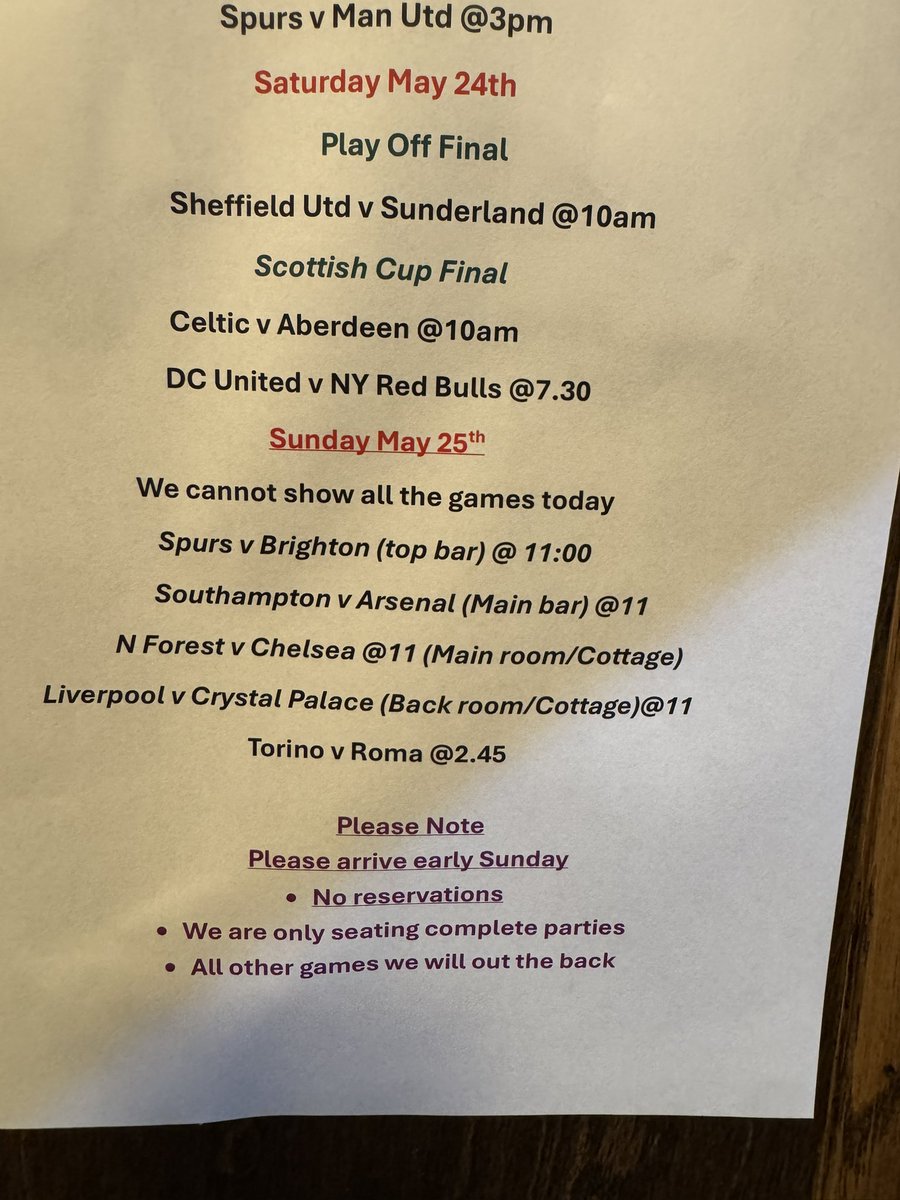 .<a href="/ArlingtonSpurs/">Arlington Spurs</a> .<a href="/ARLGooners/">Arlington Gooners🎗</a> .<a href="/BeltwayBluesCIA/">Beltway Blues</a> .<a href="/CrystalPalaceDC/">CPFCDC</a> .<a href="/CSCWashingtonDC/">Washington DC CSC</a> .<a href="/RomaClubDC/">Roma Club DC</a>  
Please note we will have games already pre- set on the TVs . We will showing games listed  below. Come early and all parties must be complete to be sat . No reservations.